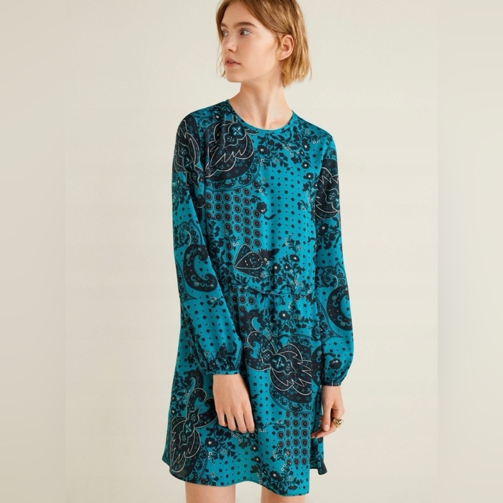 Mango Aritzia Blue and Black Patterned Sheath Dress with Bishop Sleeves